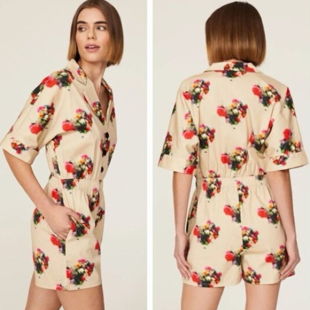 Adam Lippes Blurry Floral Romper Tan Abstract Print Button Front Boho Vibe 4